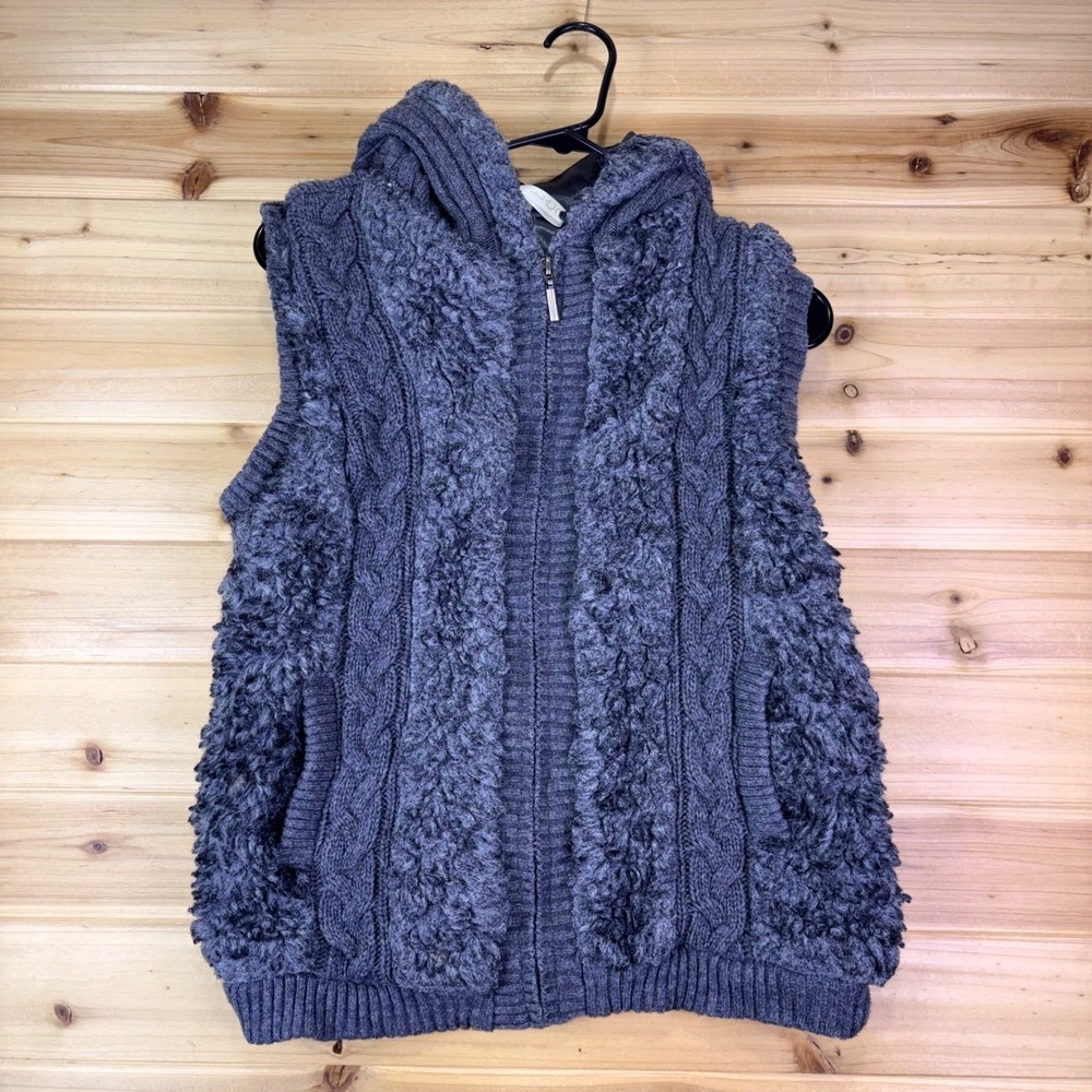 Green Tea Vest Womens Small Charcoal Gray Faux Fur Lined Hooded Sleeveless Vest